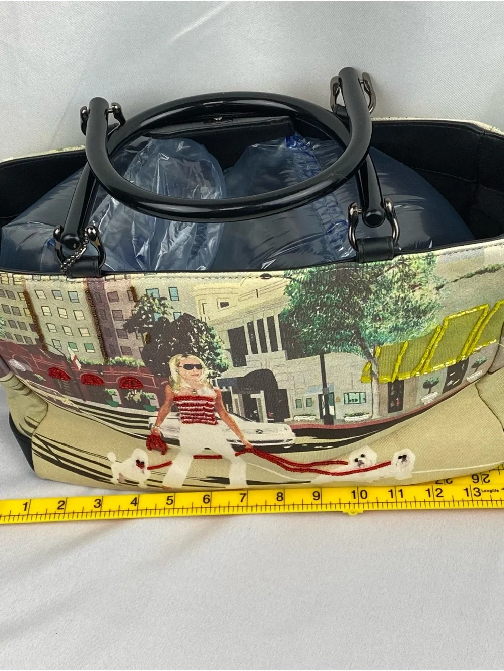 Women's Bueno Large Satchel Luxury Downtown Beaded Dog Walking Scene Size NWOT